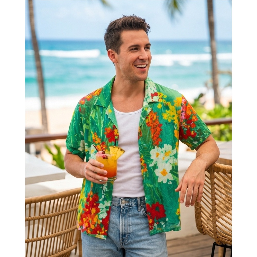 Vtg Jams World S JARDIN Floral Rayon Hawaiian Shirt Unisex Art To Wear Crop